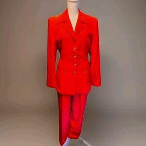 Vtg 1980s High Point NY Red Suit Long Waist Coat Gold Trim Buttons Shoulder Pads